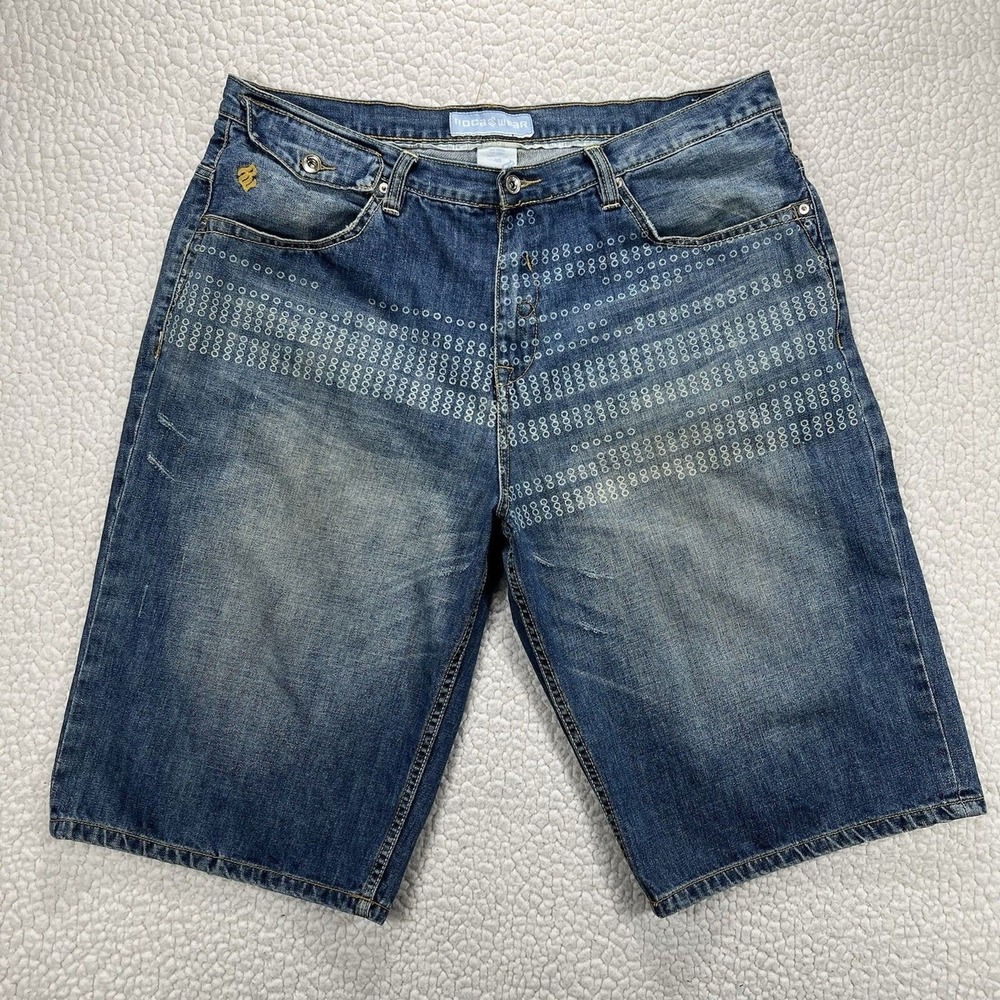 Rocawear Denim Shorts Men's Size 40 Y2K Hip Hop Streetwear Blue Distressed Print